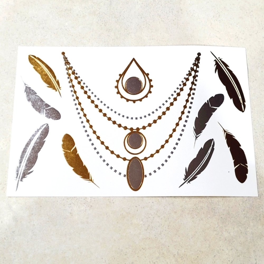 Flash Tattoo Metallic new Feather + Necklace Temporary Tattoos